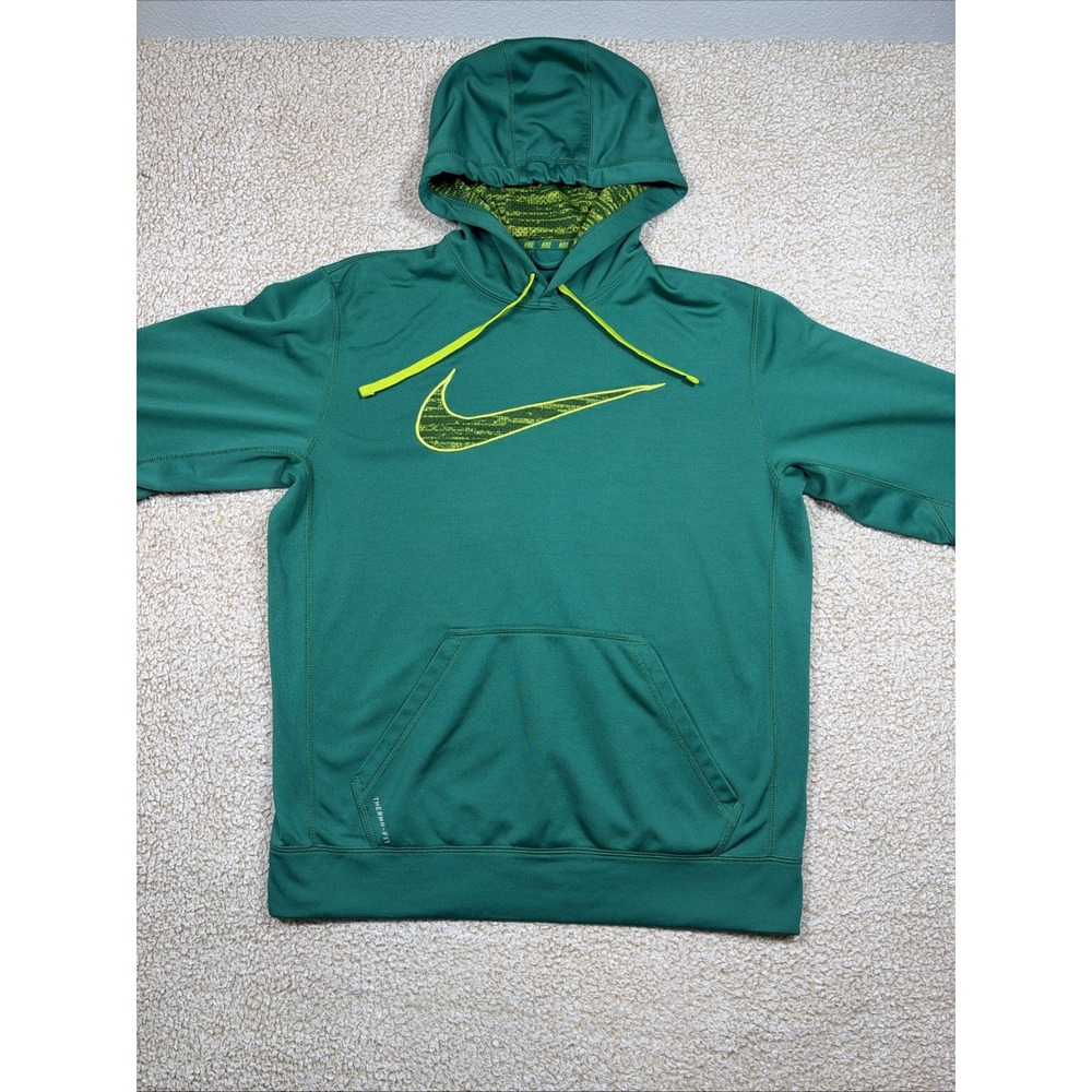 Nike Therma-Fit Fleece Pullover Hoodie Men's M Green Big Swoosh Logo Sweatshirt